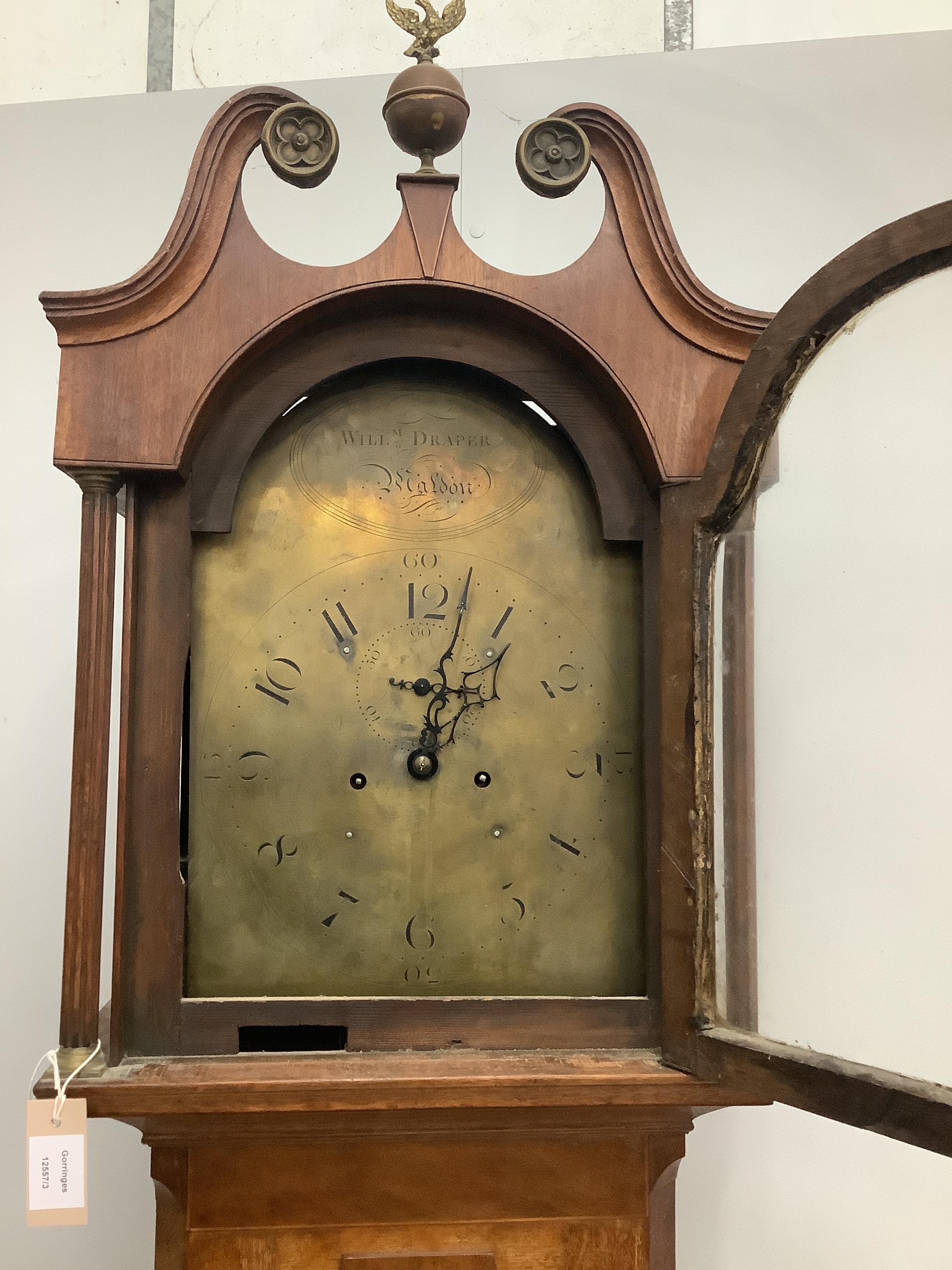 A George III banded oak eight day longcase clock, marked William Draper, Maldon, height 220cm